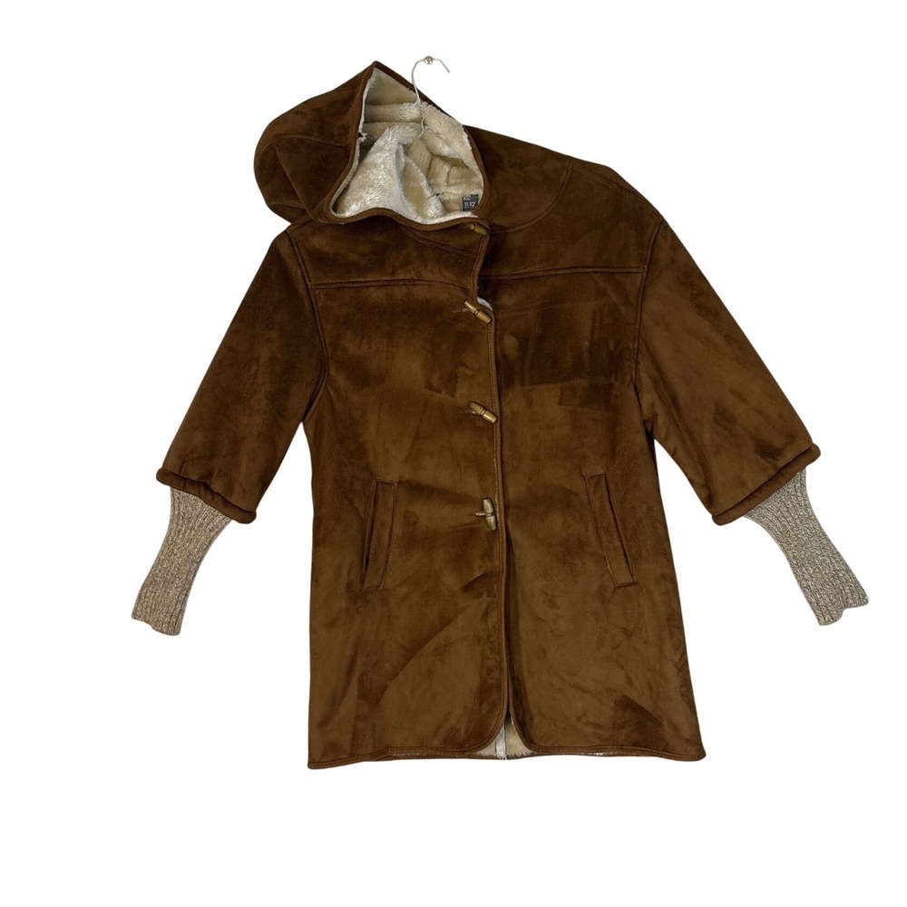Zara Kids Brown Faux Suede Hooded Duffle Coat Toggle Closure Size 11-12 152cm